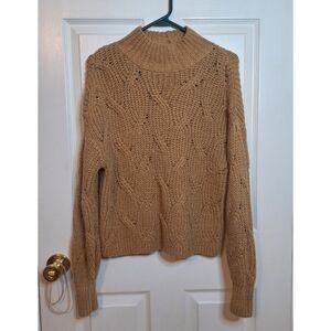 American Eagle Tan Mock Neck Cable Knit Cropped Sweater Minimalist Boxy Size XS